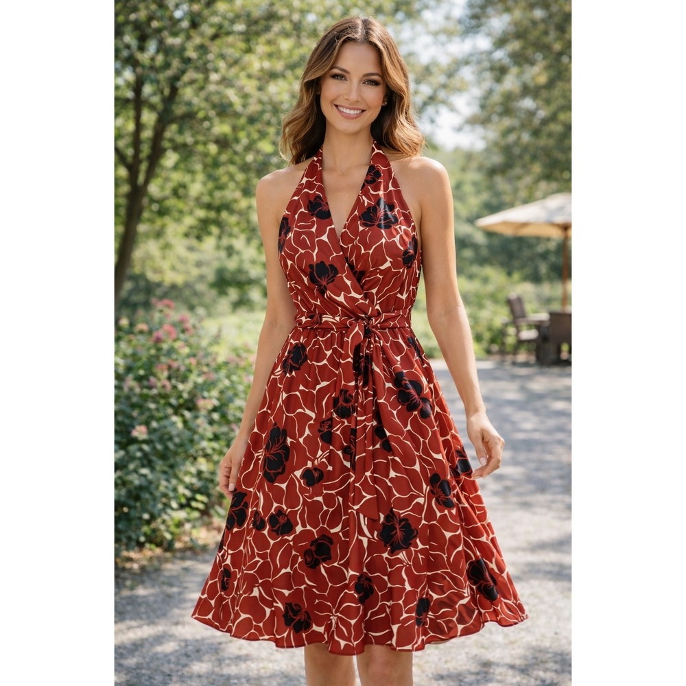 NWT Ann Taylor Petites Silk Red Floral Halter A‑Line Midi Dress Size 8 MSRP $148